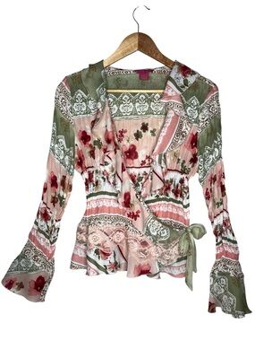 Y2K Vintage Pastel Floral Crinkle Textured Flared Sleeve Wrap Fairycore Blouse